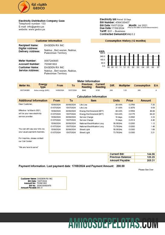 realista Modelo de conta de serviços públicos da Palestina Electricity Distribution Company Gaza (GEDCO) em formatos Word e PDF